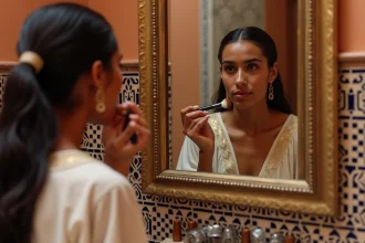 Femme marocaine à peau mate appliquant un fond de teint terracotta devant un miroir en laiton dans un riad traditionnel