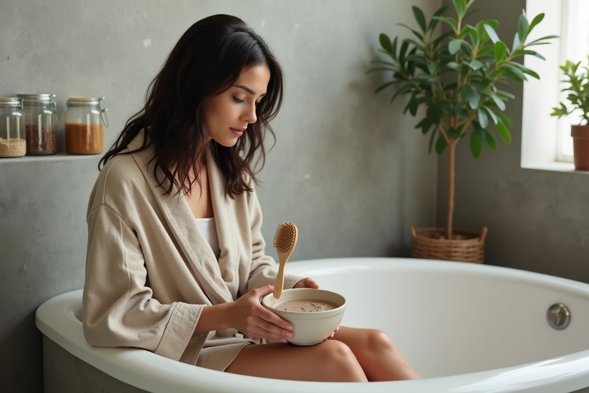 Femme appliquant un masque capillaire à l'argile sur des cheveux gras dans une salle de bain minimaliste, soins post-grossesse