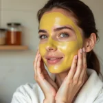 Femme appliquant un masque maison à l'huile d'olive sur son visage dans une salle de bain naturelle et épurée