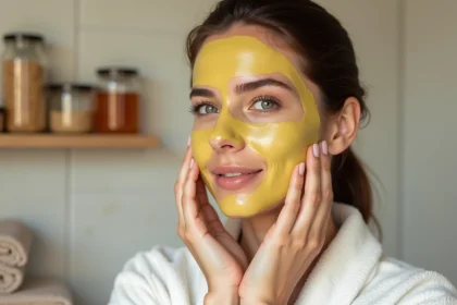 Femme appliquant un masque maison à l'huile d'olive sur son visage dans une salle de bain naturelle et épurée