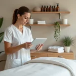 Masseuse professionnelle consultant une plateforme de réservation de massage en ligne dans un institut de bien-être