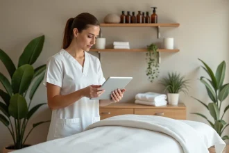 Masseuse professionnelle consultant une plateforme de réservation de massage en ligne dans un institut de bien-être