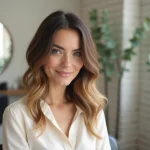 Femme aux cheveux balayage californien mèche blonde et brun dans un salon parisien minimaliste