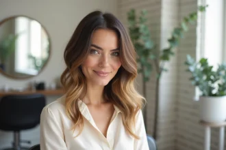 Femme aux cheveux balayage californien mèche blonde et brun dans un salon parisien minimaliste