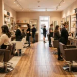 Vue d'ensemble d'un salon de coiffure tendance en Maine-et-Loire avec coiffeurs et clients