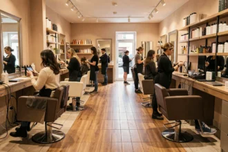 Vue d'ensemble d'un salon de coiffure tendance en Maine-et-Loire avec coiffeurs et clients