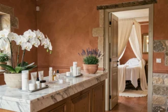 Intérieur élégant d'un institut de beauté dans le Var avec comptoir en marbre et produits de soin disposés avec soin