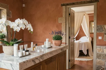 Intérieur élégant d'un institut de beauté dans le Var avec comptoir en marbre et produits de soin disposés avec soin