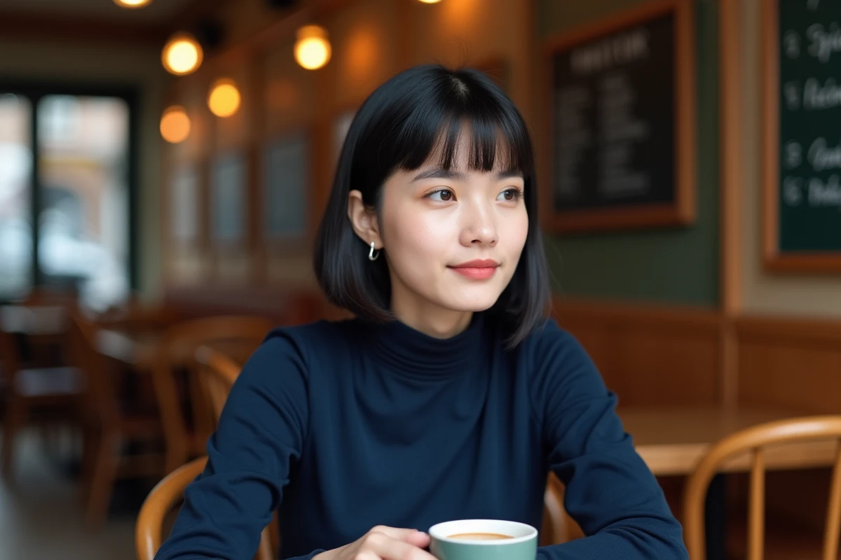 Jeune femme aux cheveux fins noirs avec une micro frange droite au-dessus des sourcils dans un café