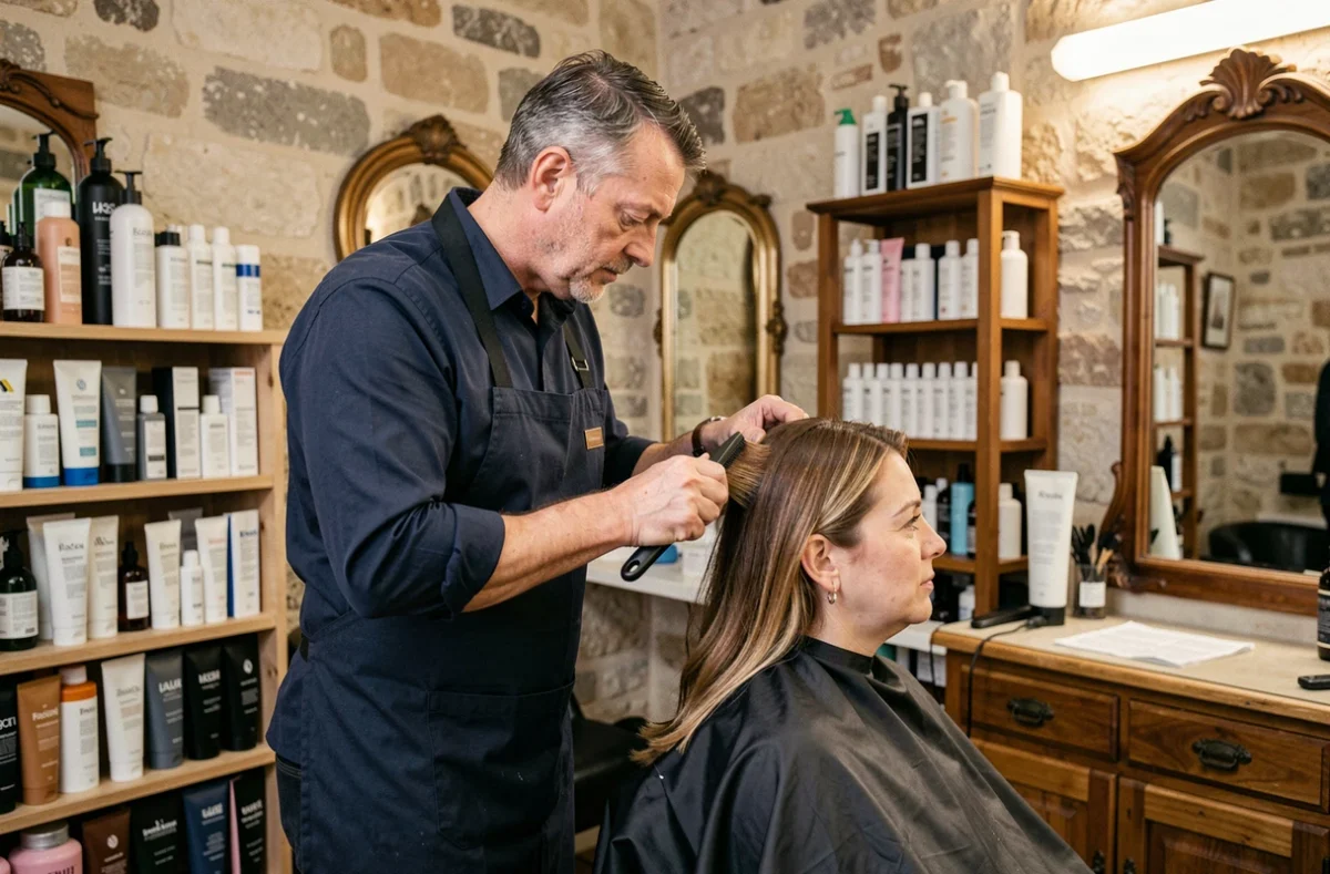 Coiffeur de Nelore Coiffure à Baugé appliquant une coloration sur une cliente