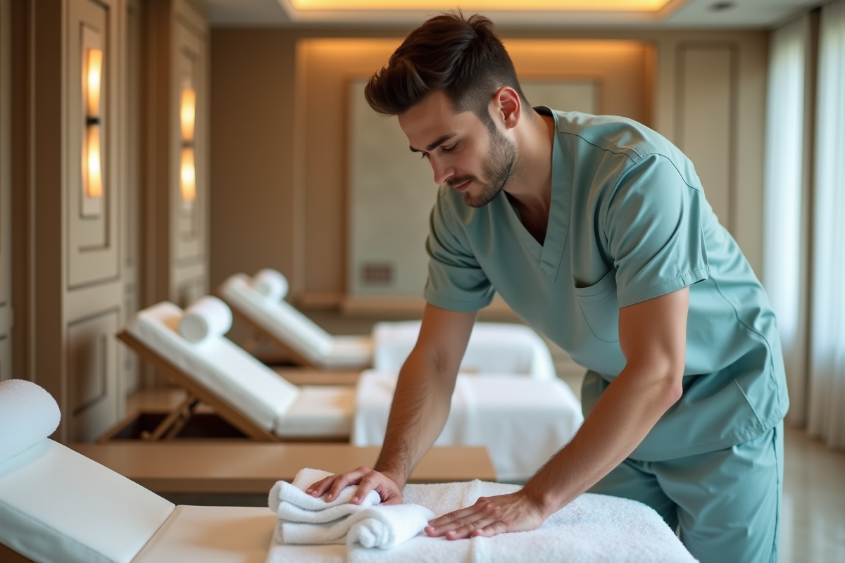 Employé spa nettoyant la banquette avec une serviette blanche