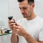 Homme examinant une tête de rasoir OneBlade 360 Philips pour vérifier sa compatibilité avec le manche