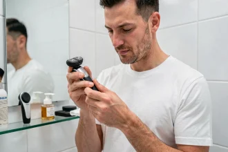 Homme examinant une tête de rasoir OneBlade 360 Philips pour vérifier sa compatibilité avec le manche