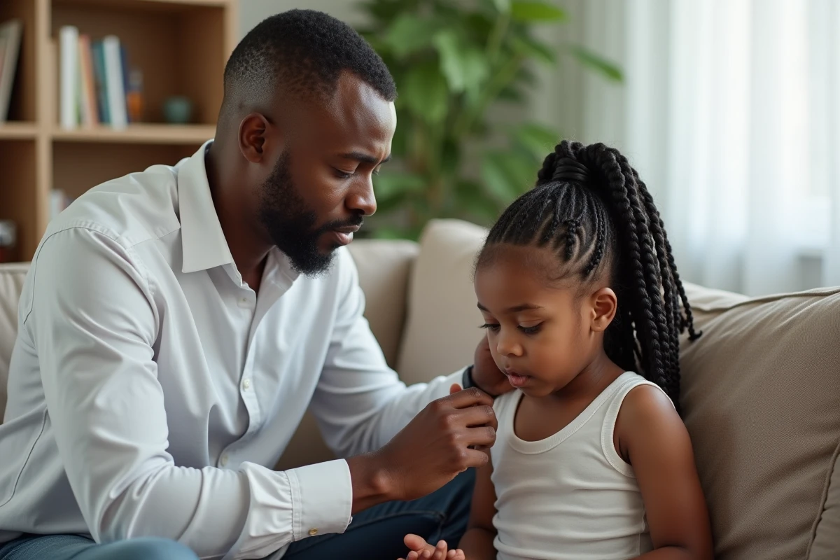 Père noir regarde sa fille avec des tresses soignées à la maison