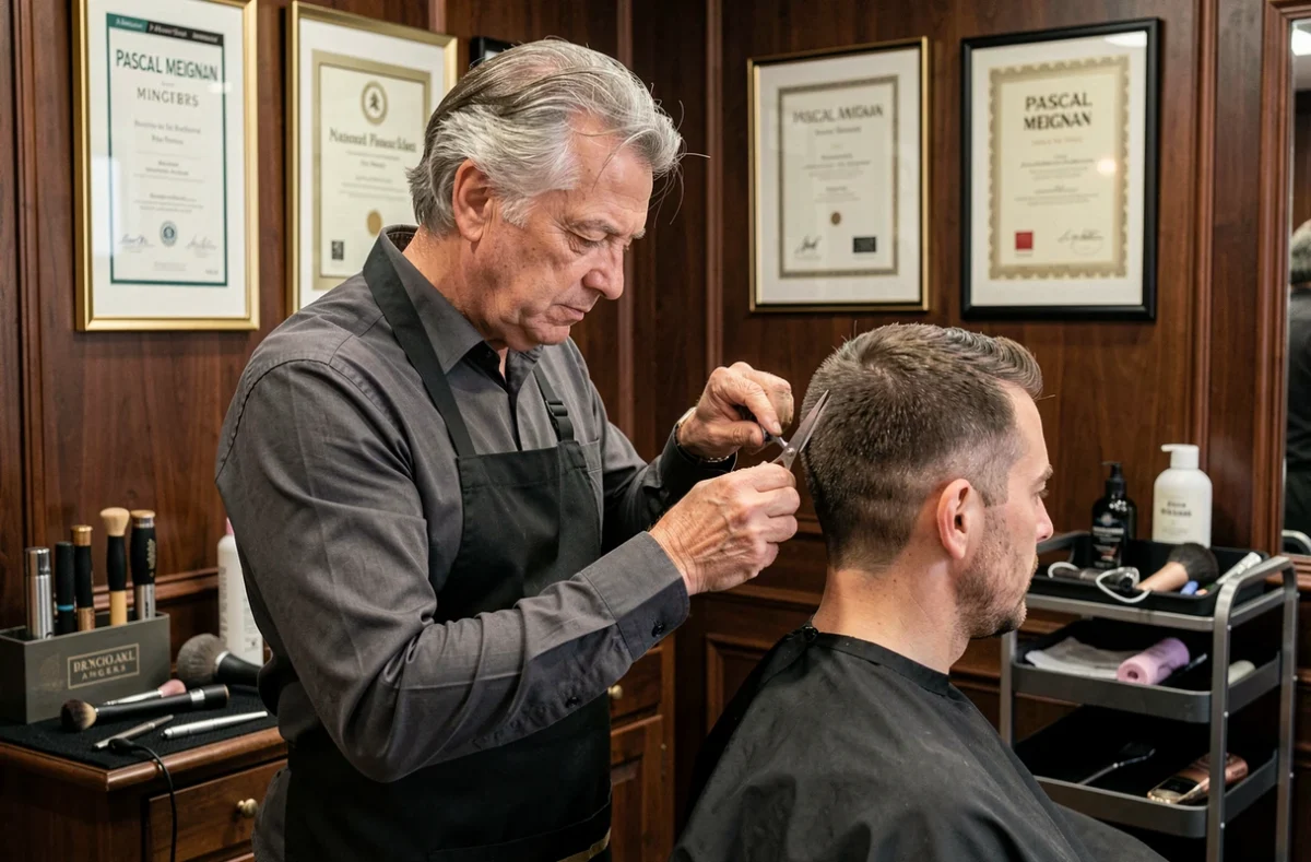 Le maître coiffeur Pascal Meignan à Angers réalisant une coupe homme de précision