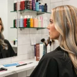 Femme en salon de coiffure avec une patine sur cheveux longs blonds qui s'estompe sur les longueurs
