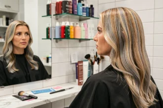 Femme en salon de coiffure avec une patine sur cheveux longs blonds qui s'estompe sur les longueurs