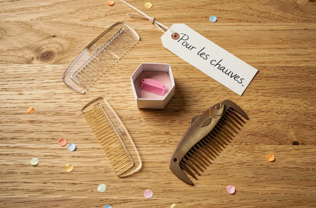 Flat lay de peignes humoristiques pour chauves posés sur une table en bois, idées de cadeaux drôles pas chers