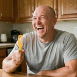 Homme chauve souriant tenant un peigne fantaisie rigolo dans sa cuisine, idée cadeau humoristique pour chauve