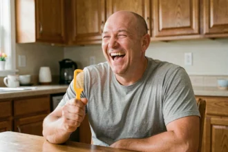 Homme chauve souriant tenant un peigne fantaisie rigolo dans sa cuisine, idée cadeau humoristique pour chauve