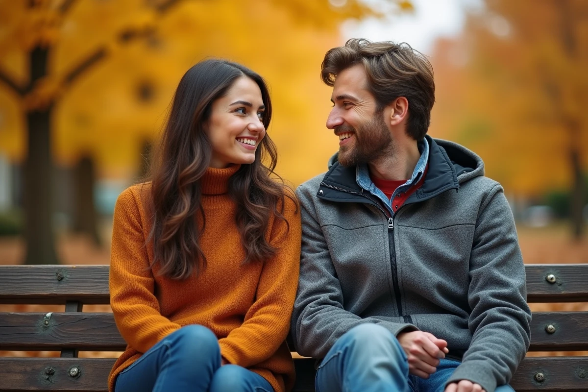 Deux amis aux yeux de couleurs différentes en conversation dans un parc en automne, symbolisant la diversité des personnalités selon la couleur des yeux
