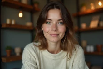 Portrait en gros plan d'une jeune femme aux yeux bleu-vert expressifs reflétant la personnalité