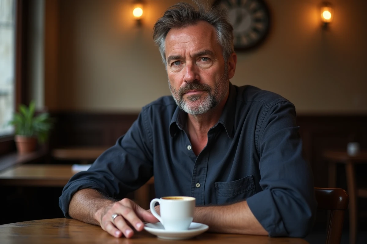 Homme aux yeux gris perçants assis dans un café, illustrant le lien entre couleur des yeux et personnalité