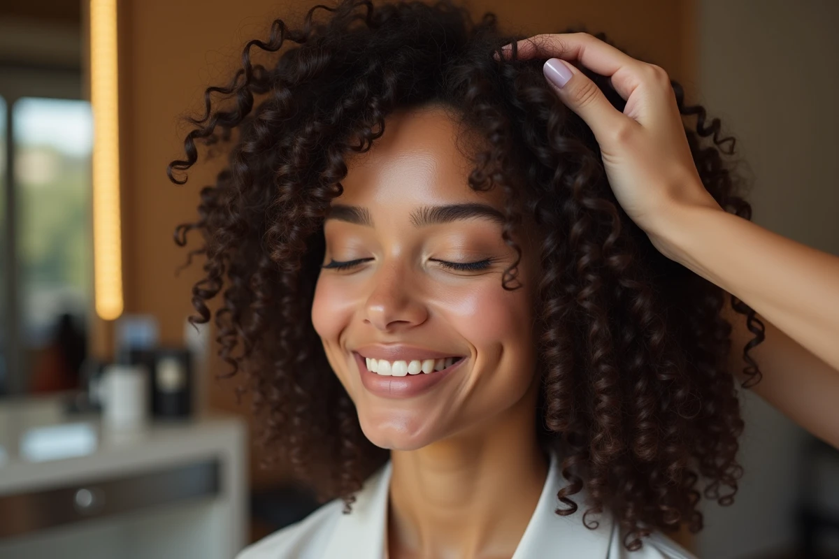 Portrait en gros plan d'une femme aux boucles spiralées définies recevant un soin capillaire en salon de coiffure spécialisé