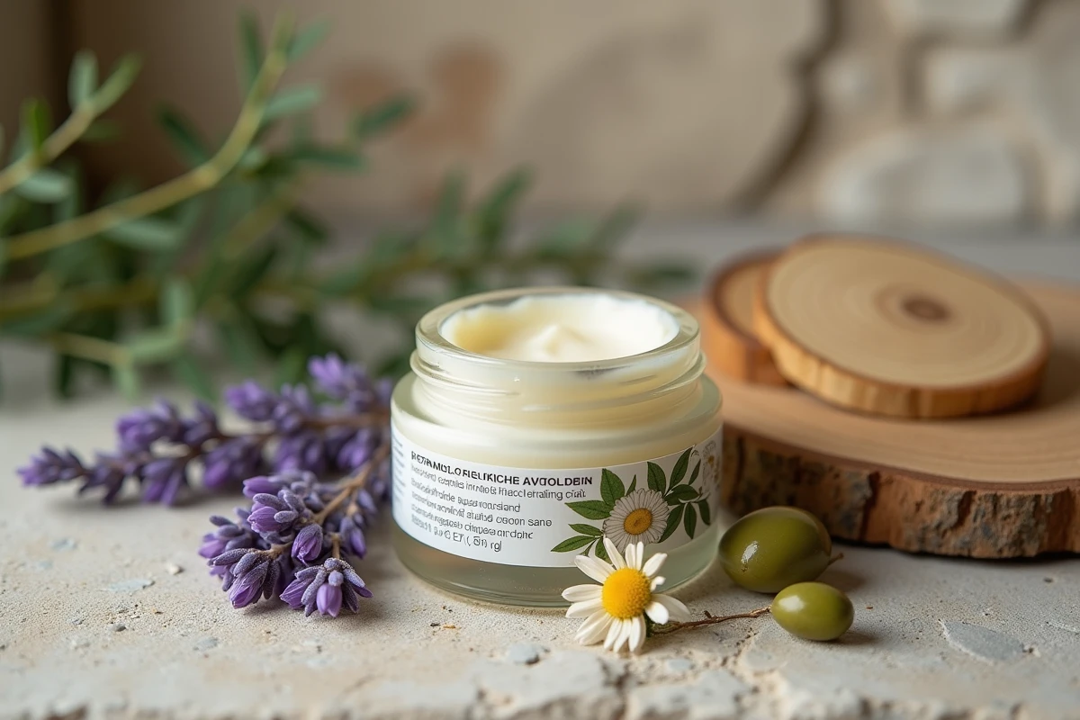Pot de crème anti-âge bio posé sur une surface en pierre avec de la lavande fraîche et des fleurs séchées en style provençal