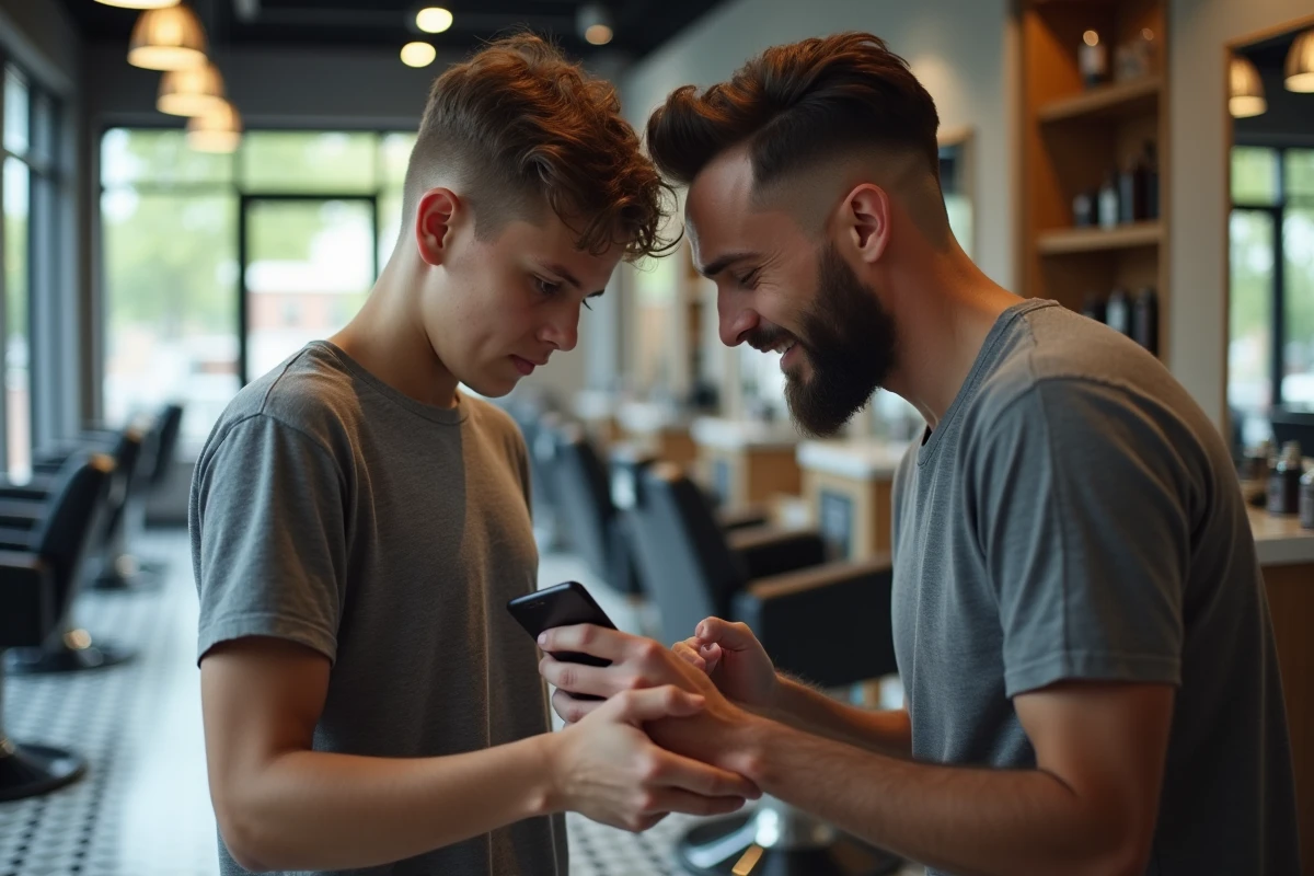 Jeune client discutant pour la première fois de sa coupe taper avec son coiffeur en consultant une photo de référence sur un téléphone