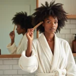 Femme aux cheveux naturels qui démêle ses boucles avec un peigne à larges dents avant un rendez-vous chez le coiffeur tresse afro