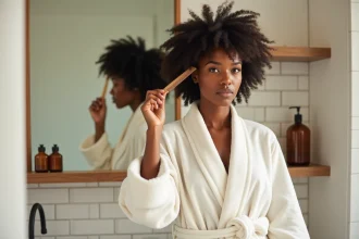 Femme aux cheveux naturels qui démêle ses boucles avec un peigne à larges dents avant un rendez-vous chez le coiffeur tresse afro