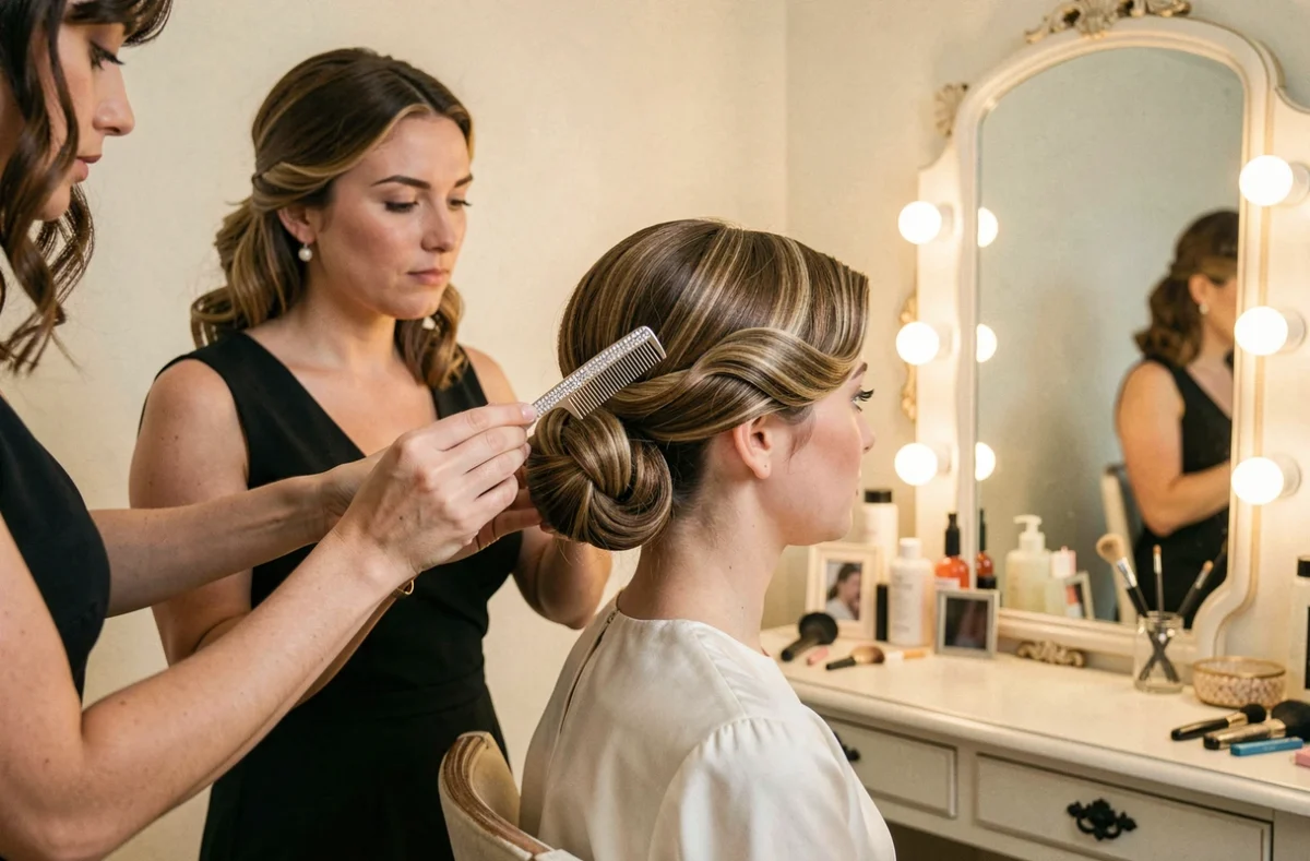 Coiffeuse installant un peigne orné dans un chignon années 20 structuré d'une demoiselle d'honneur dans une chambre de préparation au mariage avec miroirs vintage