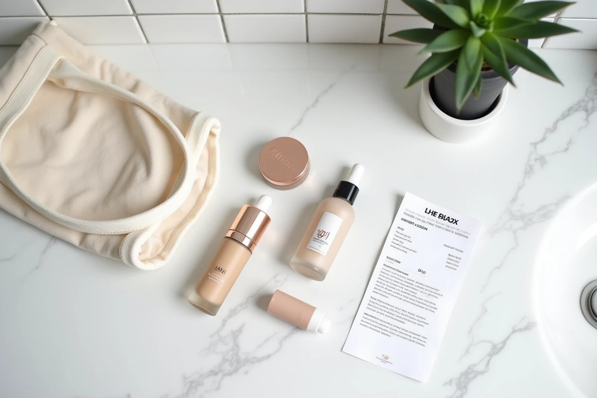 Disposition à plat de produits beauté achetés à l'unité sur un comptoir en marbre blanc dans une salle de bain minimaliste