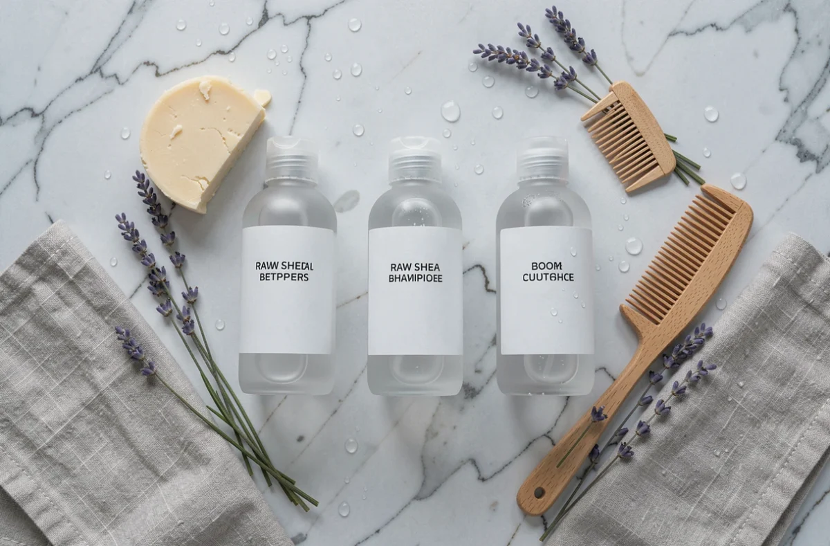 Produits capillaires naturels sans sulfate sans paraben disposés en flat lay sur un plan en marbre blanc dans une salle de bain minimaliste