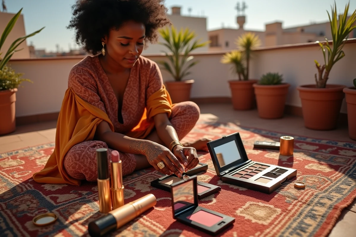 Artiste makeup marocaine arrangeant des produits cosmétiques aux teintes chaudes sur un tapis kilim lors d'une séance beauté en terrasse