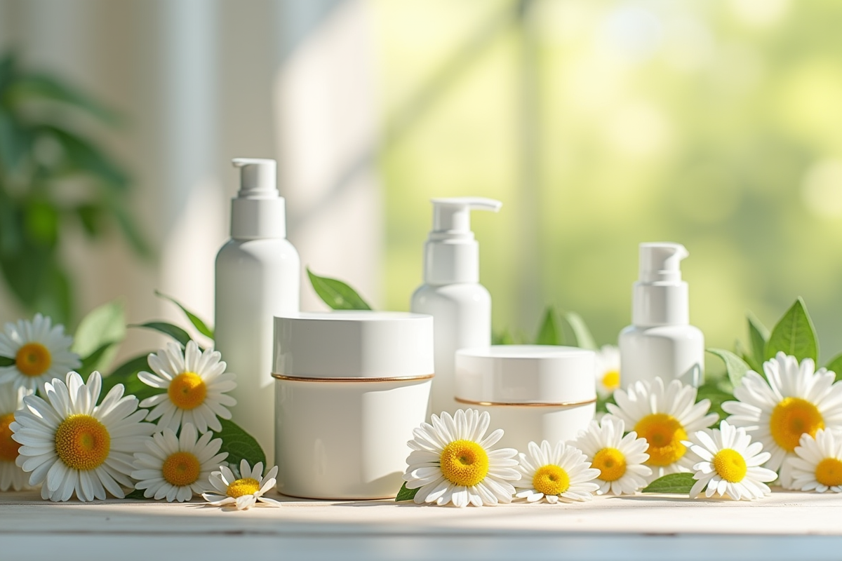 Produits de soin pour les yeux avec fleurs de camomille et feuilles