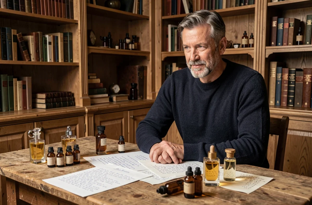 Passionné de parfum puriste entouré de flacons et notes olfactives dans un atelier personnel
