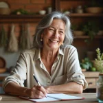 Femme mature souriante consultant des notes de recettes de grand-mère avec des ingrédients naturels et des herbes dans une cuisine rustique