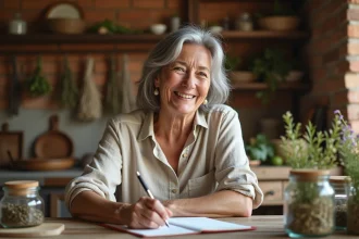 Femme mature souriante consultant des notes de recettes de grand-mère avec des ingrédients naturels et des herbes dans une cuisine rustique