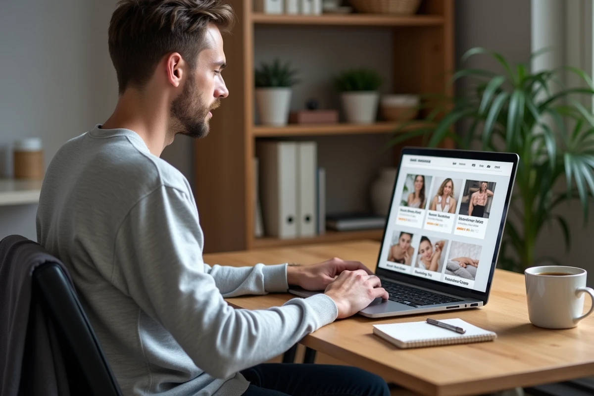 Personne recherchant une annonce de massage sérieuse près de chez elle sur un ordinateur portable à domicile