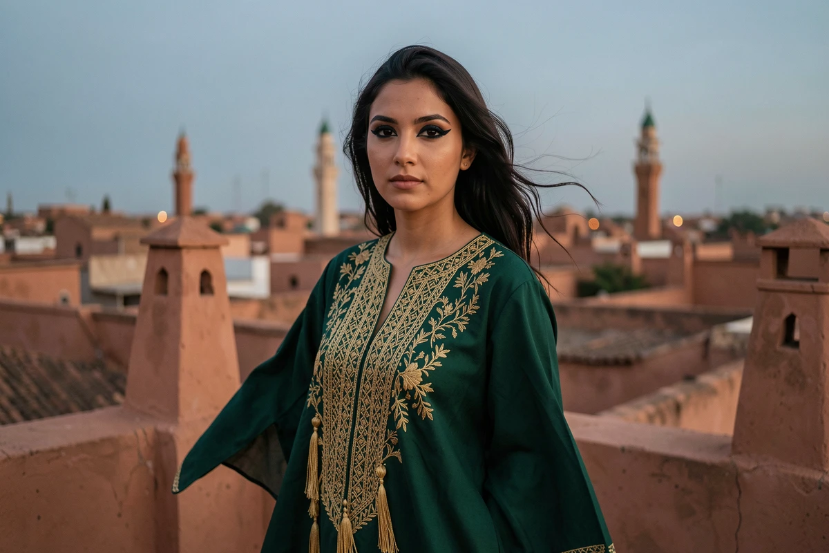 Femme marocaine aux yeux intensément khôlés sur une terrasse avec vue sur les toits de la médina de Marrakech