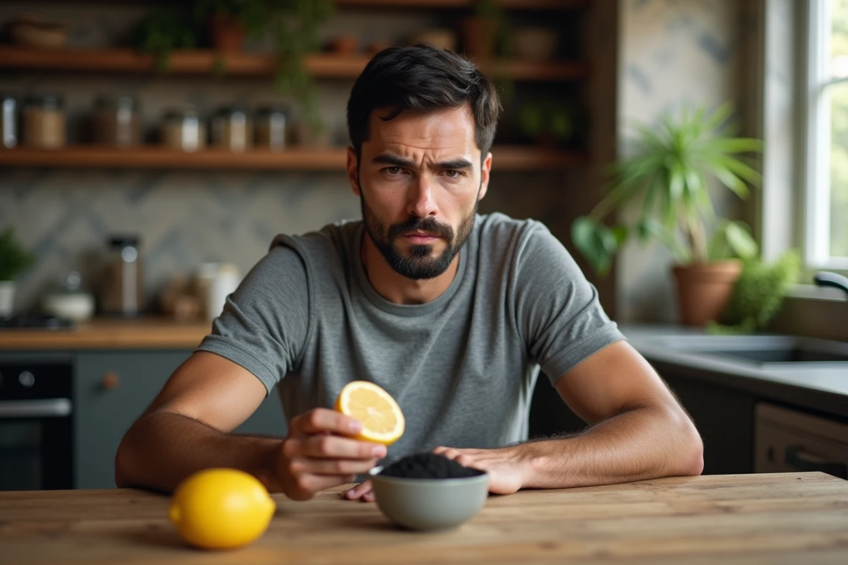 Homme sceptique examinant des remèdes naturels blanchissants comme le citron et le charbon actif sur une table de cuisine rustique