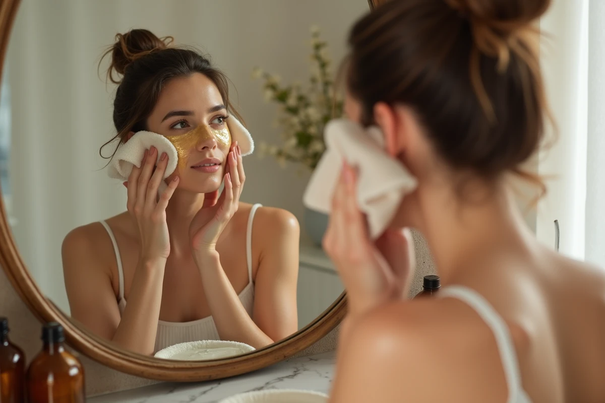 Femme rinçant un masque à l'huile d'olive devant un miroir de coiffeuse pour un teint revitalisé