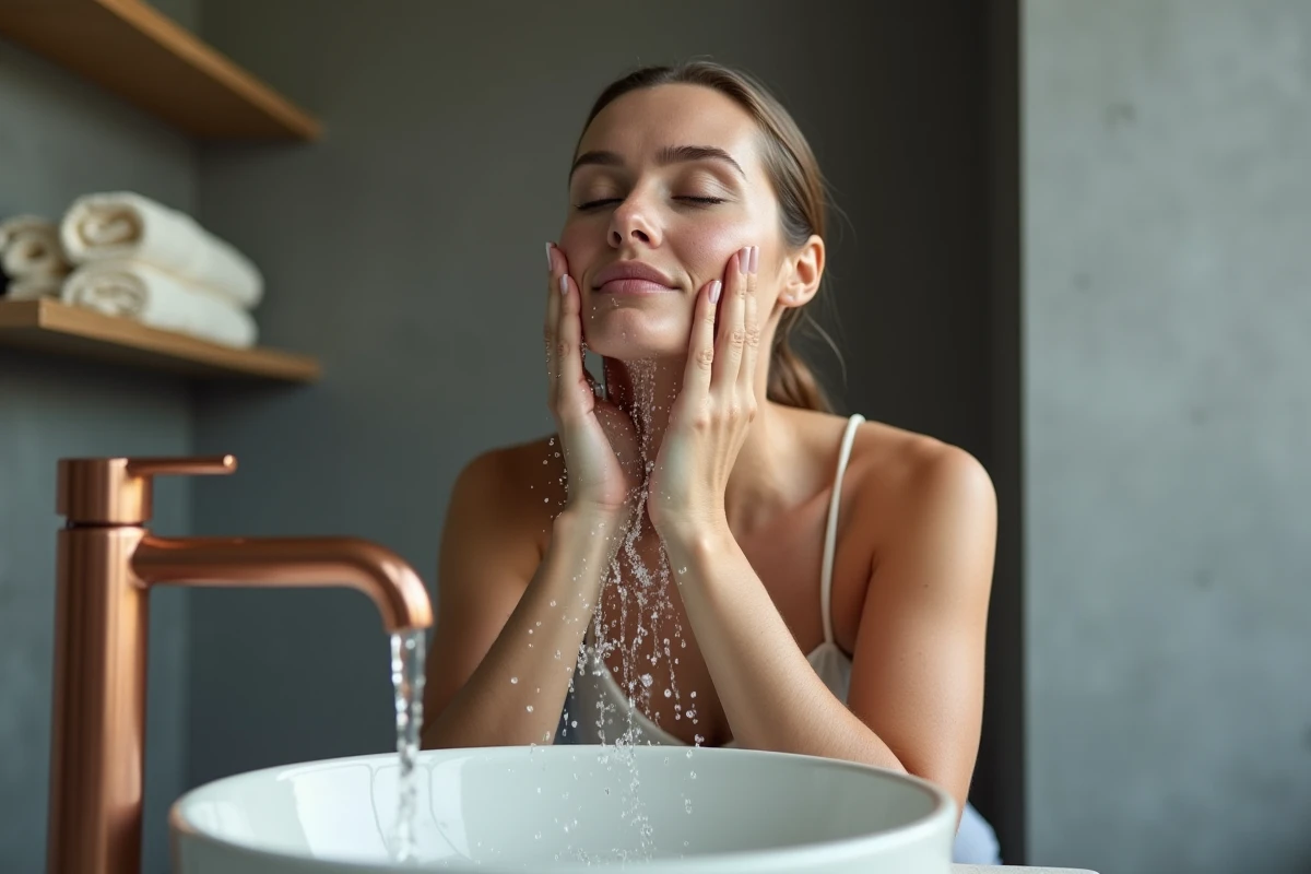 Femme rinçant l'huile hydratante de son visage avec de l'eau claire au lavabo