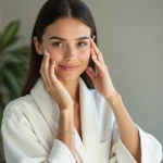 Femme appliquant un serum sur le visage dans une salle de bain lumineuse