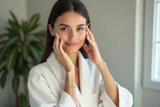Femme appliquant un serum sur le visage dans une salle de bain lumineuse