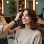 Femme souriante dans un salon de coiffure moderne à La ChapelleHeulin