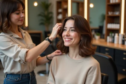 Femme souriante dans un salon de coiffure moderne à La ChapelleHeulin