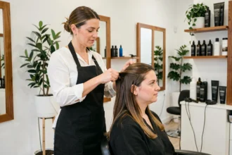 Coiffeuse professionnelle en train de coiffer une cliente dans un salon de coiffure moderne du Morbihan